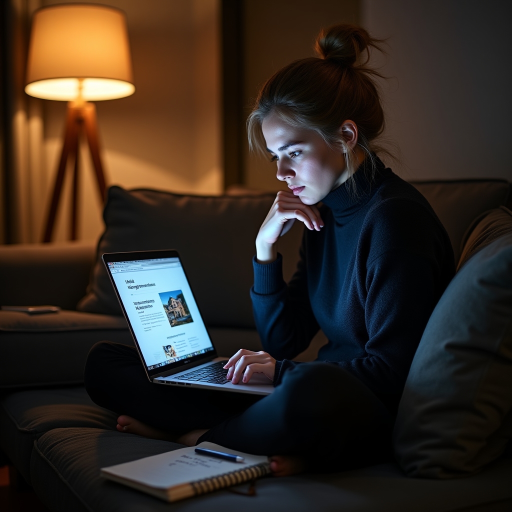 Person searching for accommodation abroad on laptop