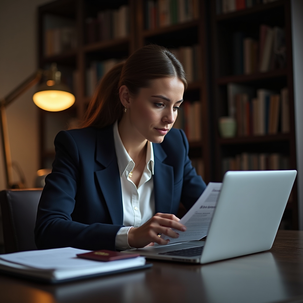 Professional planning work abroad with documents and laptop